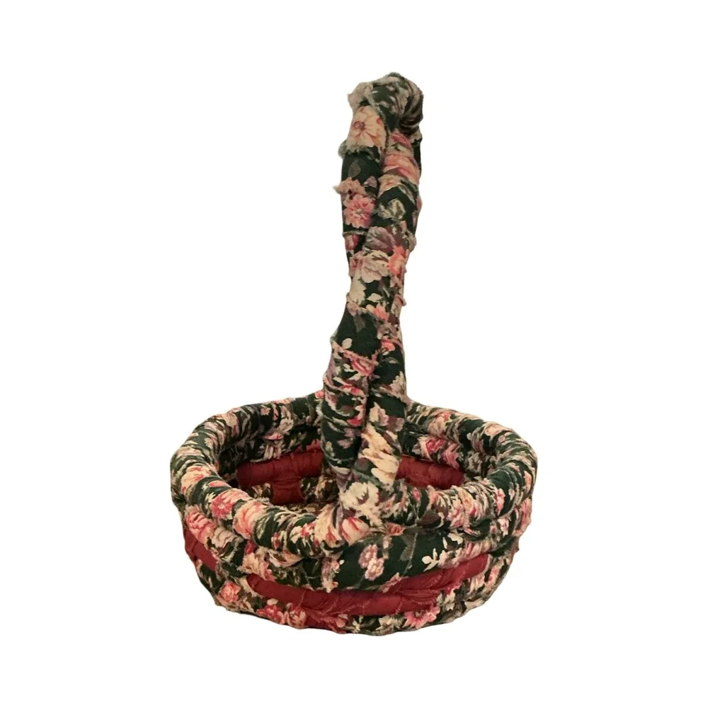 Handmade Vintage Coil Basket Twisted Floral Pink Green Burgundy‎ Cottagecore